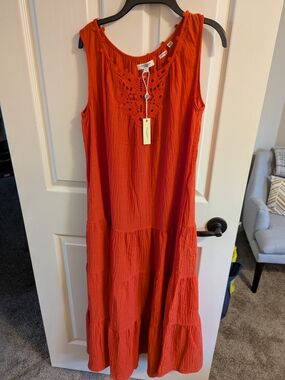 Max Studio Crocheted Yoke Tiered Maxi Dress - Bright Orange